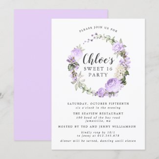 Purple White Floral Wreath Sweet Sixteen Party Invitation