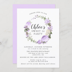 Purple White Floral Wreath Sweet Sixteen Party Invitation
