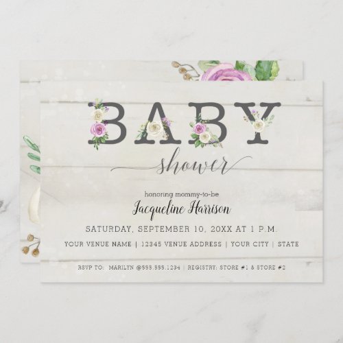 Purple White Florals n Wood  Girl Baby Shower Invitation