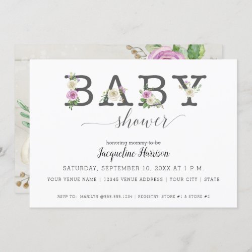 Purple White Florals Rustic  Girl Baby Shower Invitation
