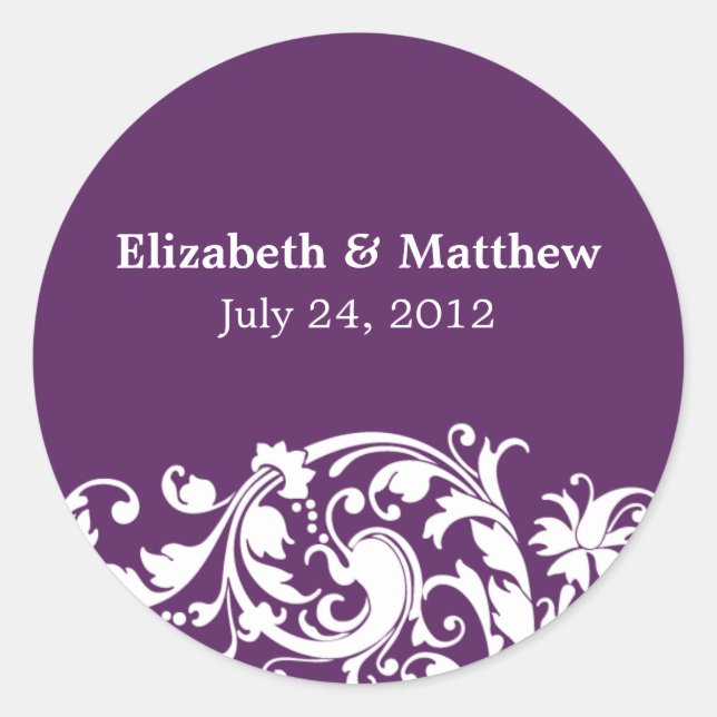 Purple & White Flourish Swirl Wedding Favor Label (Front)