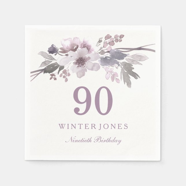 Purple White Flower Floral 90th Birthday Party Paper Napkins (Front)