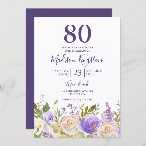 Purple  White Flowers 80th Birthday Party Invite