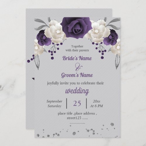 purple white flowers botanical grey wedding invitation