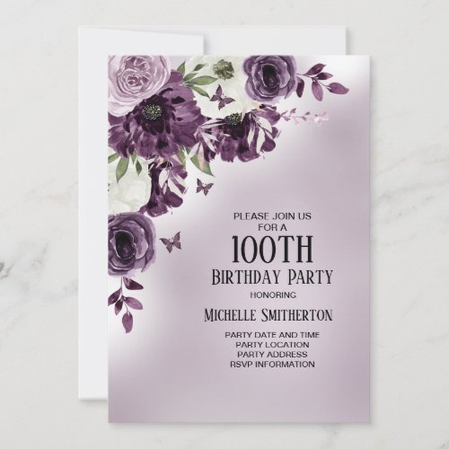 Purple White Flowers Butterflies 100th Birthday Invitation