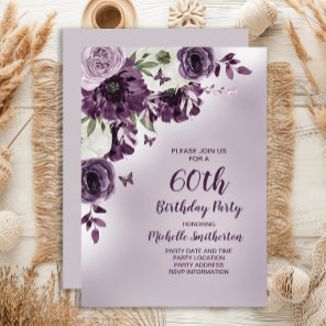 Purple White Flowers Butterflies 60th Birthday Invitation