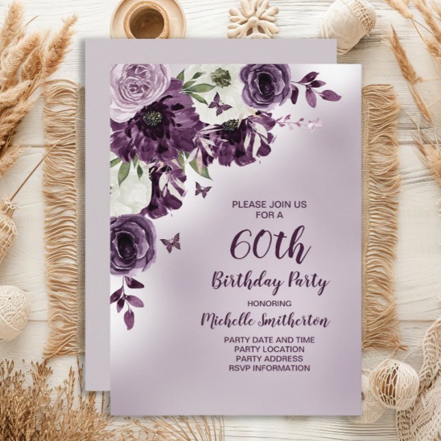 Purple White Flowers Butterflies 60th Birthday Invitation (Purple and white watercolor floral and butterflies women's 60th birthday party invitation)
