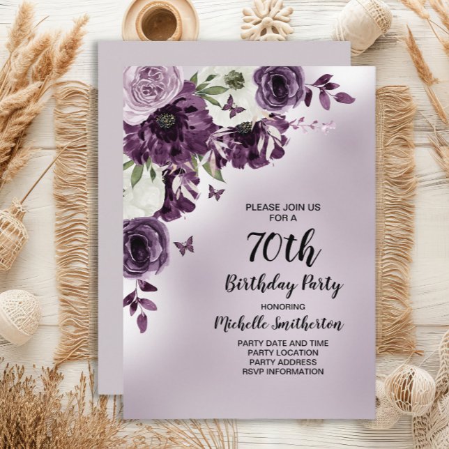 Purple White Flowers Butterflies 70th Birthday Invitation (Purple watercolor floral and butterflies women's 70th birthday party invitation)