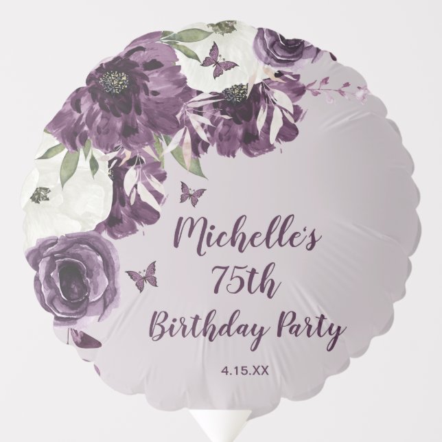 Purple White Flowers Butterflies 75th Birthday Balloon (Front)