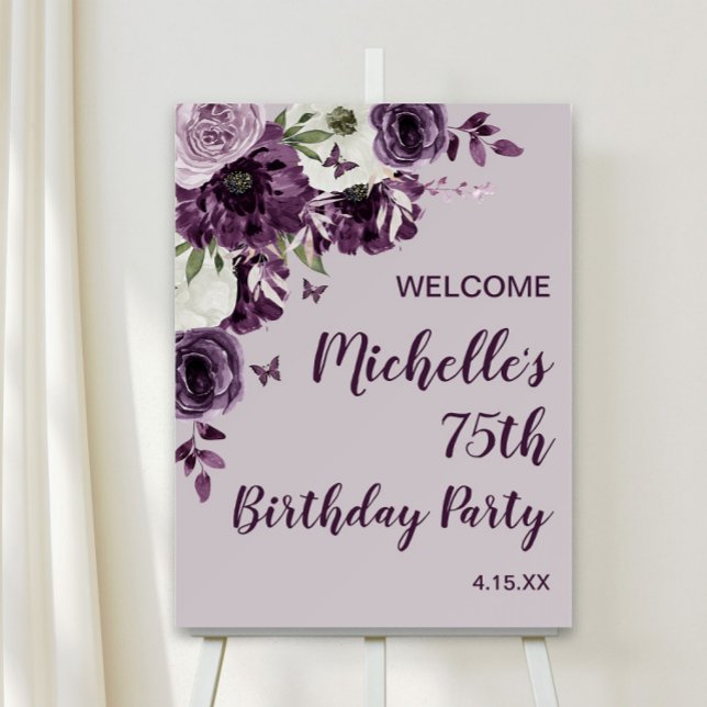 Purple White Flowers Butterflies 75th Birthday Foam Board (Purple and white watercolor floral and butterflies 75th birthday party foam core welcome sign.)