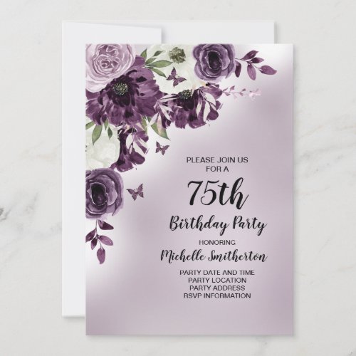 Purple White Flowers Butterflies 75th Birthday Invitation