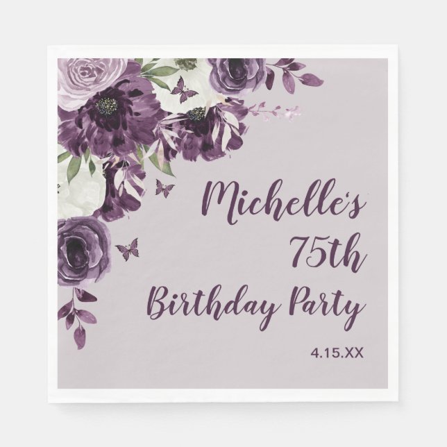 Purple White Flowers Butterflies 75th Birthday Napkins (Front)