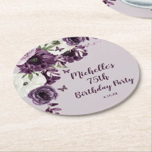 Purple White Flowers Butterflies 75th Birthday Round Paper Coaster