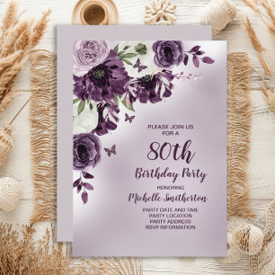 Purple White Flowers Butterflies 80th Birthday Invitation