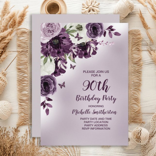 Purple White Flowers Butterflies 90th Birthday Invitation (Purple floral and butterflies 90th birthday party invitation)