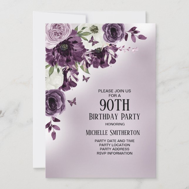 Purple White Flowers Butterflies 90th Birthday Invitation (Front)