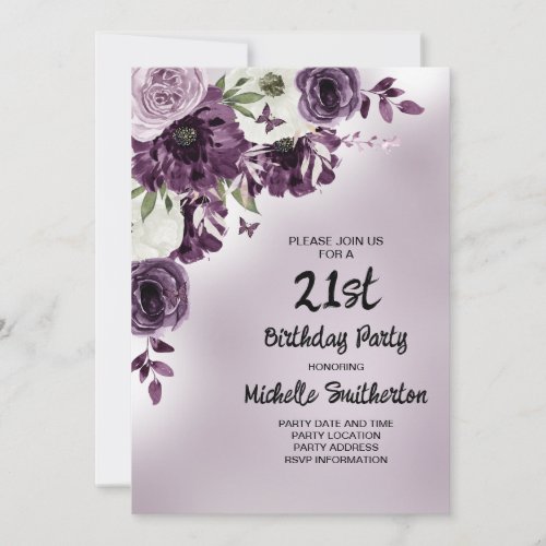 Purple White Flowers Butterflies Womens 21st  Invitation