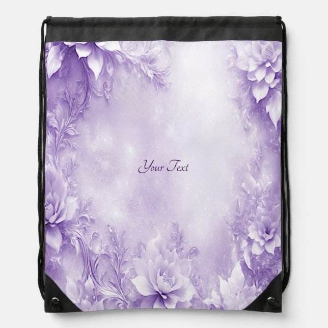 Purple White Flowers Drawstring Backpack (Front)