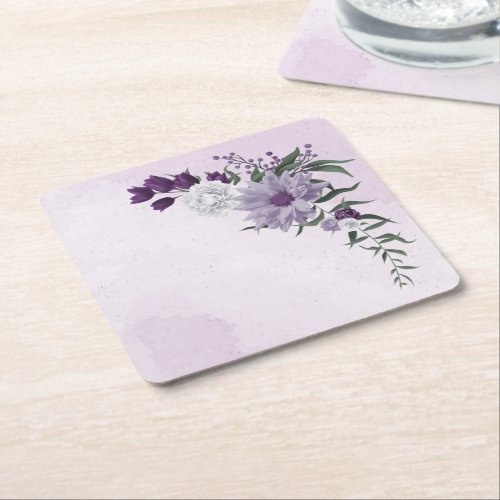 purple white flowers greenery square paper coaster