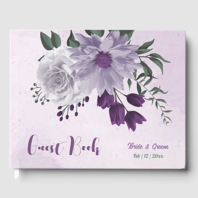 purple white flowers greenery wedding guest book (Front)
