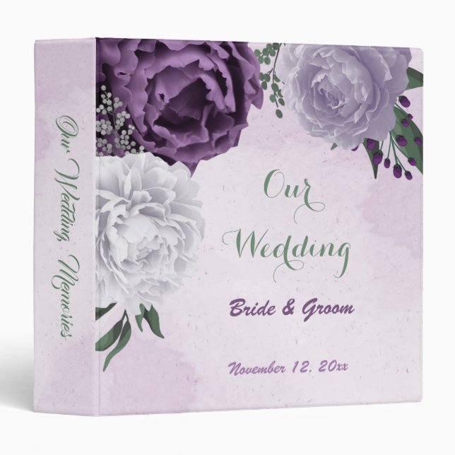 purple white flowers greenery wedding photo album 3 ring binder (Front/Spine)
