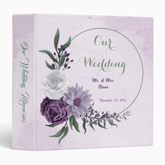 purple white flowers greenery wedding photo album 3 ring binder (Front/Spine)