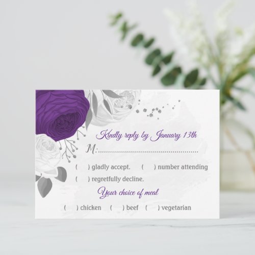 purple white flowers silver botanical meal choice RSVP card