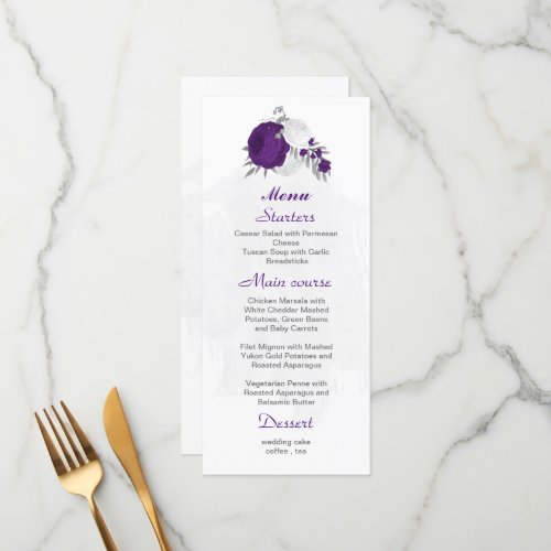 purple white flowers silver botanical wedding menu