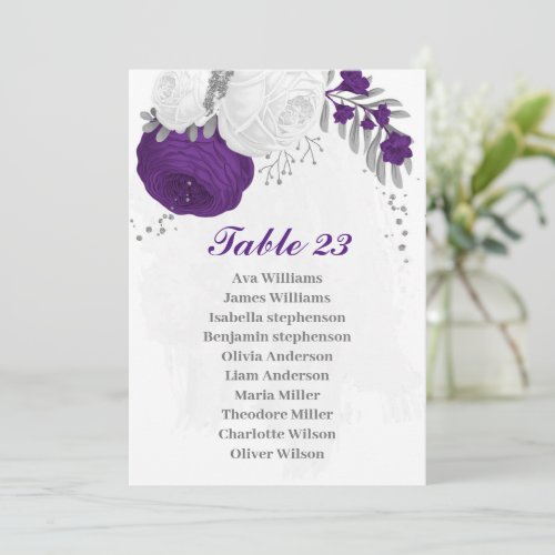 purple  white flowers silver seating chart card