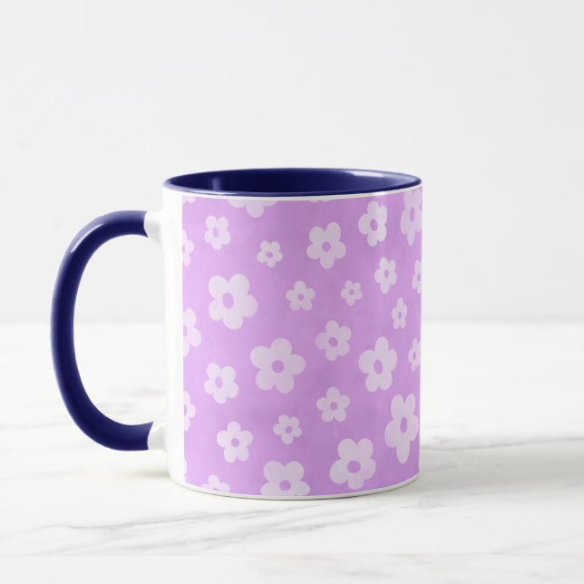 Purple & white flowers tea cup with blue handle (Left)