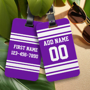 Purple White Football Stripes Custom Name Number Luggage Tag