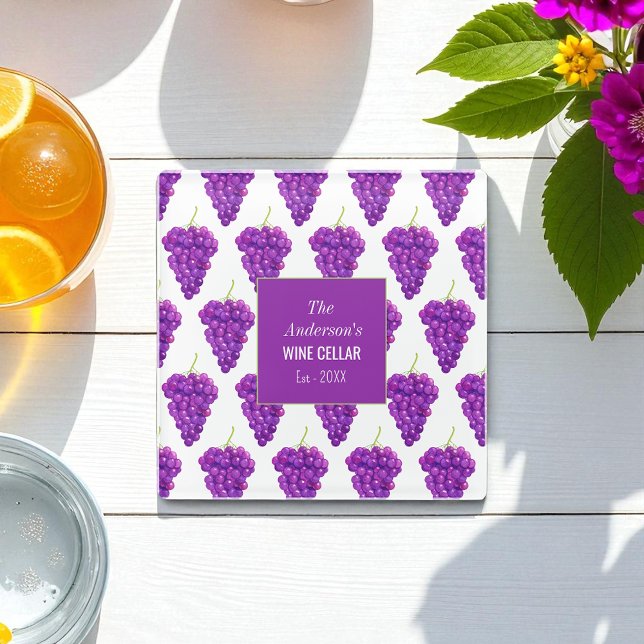 Purple White Fruits Grapes Wine Pattern Glass Coaster (Creator Uploaded)