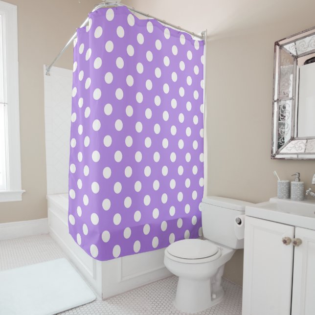 Purple & White Fun Polka Dots Dot Shower Curtain (In Situ)