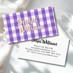 Purple White Gingham Checkered Business Card