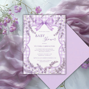 Purple White Gingham Whimsical Floral Baby Shower Invitation