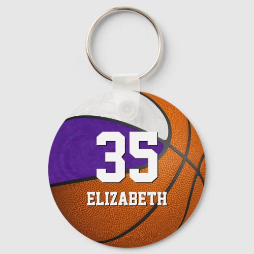 purple white girls basketball school team colors keychain