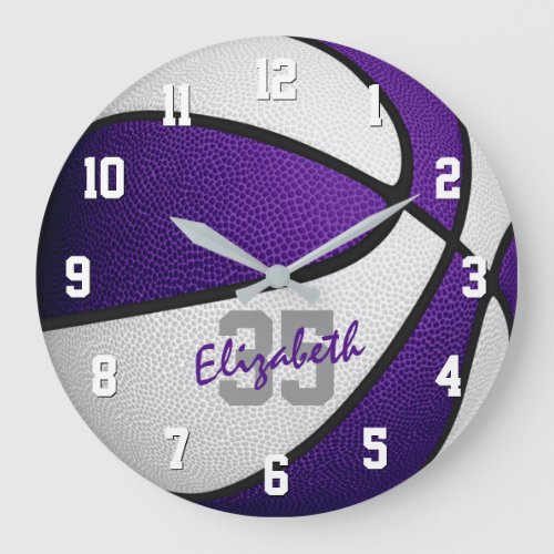 purple white girls boys basketball personalized large clock