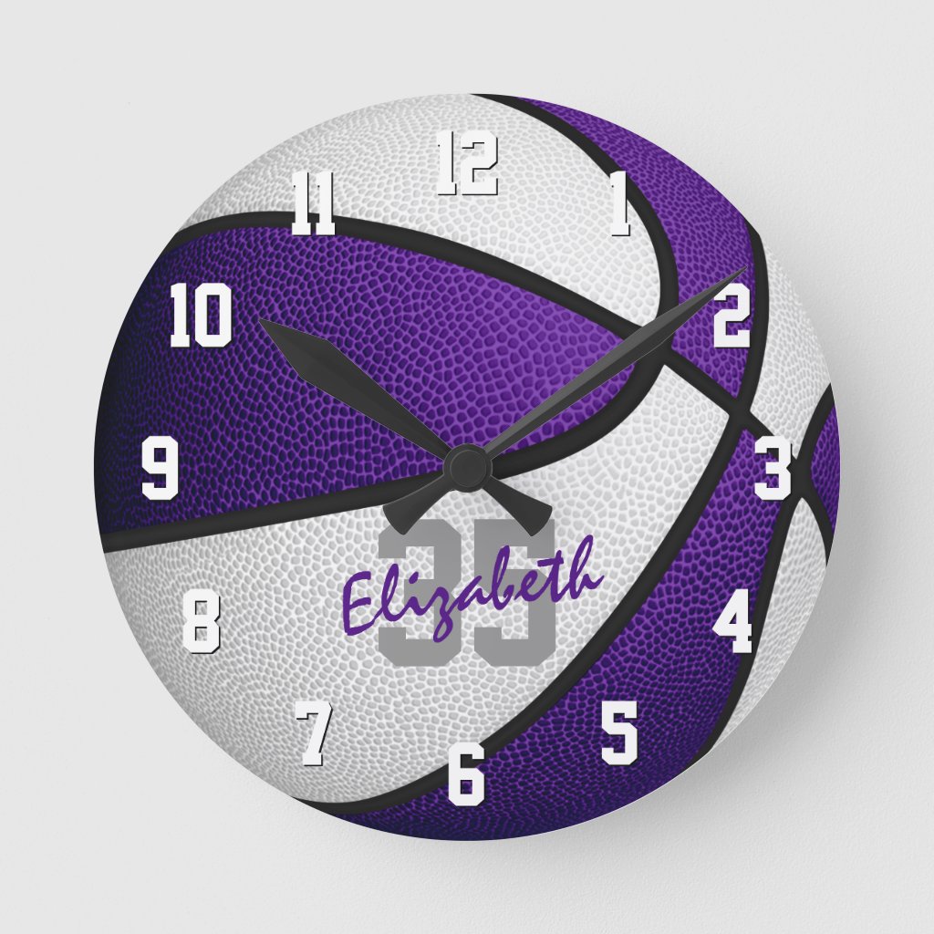 purple white girls boys basketball personalized round clock