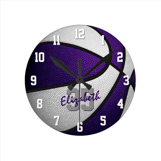 purple white girls boys basketball personalized round clock