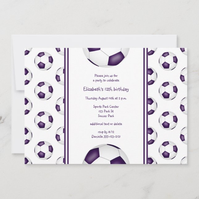 purple white girl's soccer birthday or team party invitation (Front)