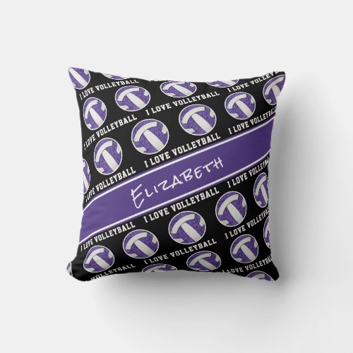 purple white girls team spirit I love volleyball Throw Pillow