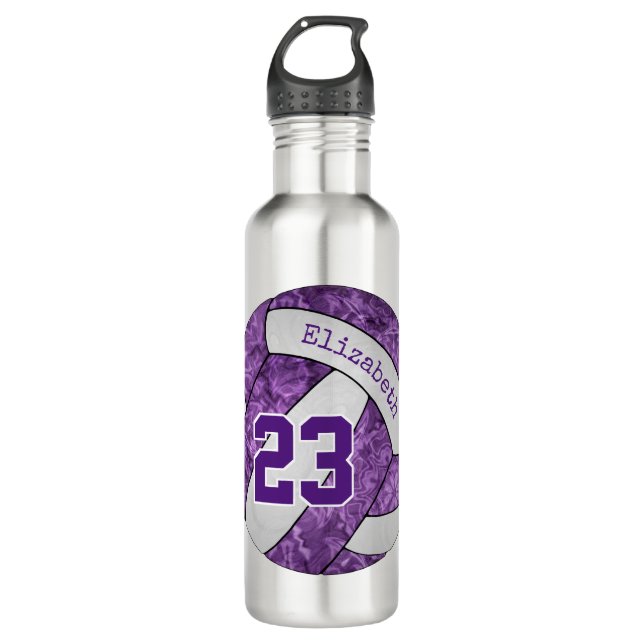 Purple white girls' volleyball team colors stainless steel water bottle (Front)