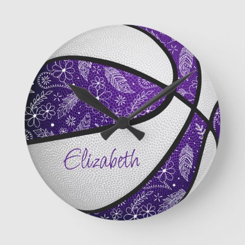 purple white girly boho doodle pattern basketball round clock