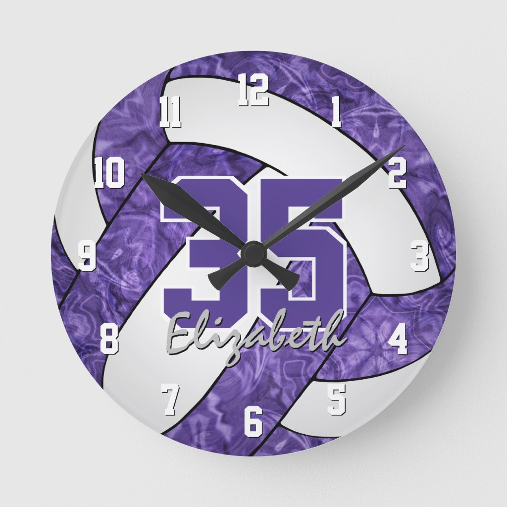 purple white girly sports team colors volleyball wall clock