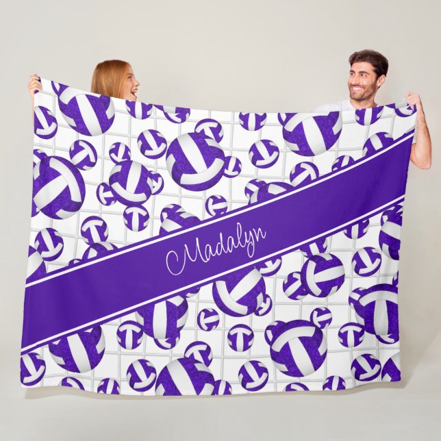 Purple white girly volleyballs pattern net accent fleece blanket (In Situ)