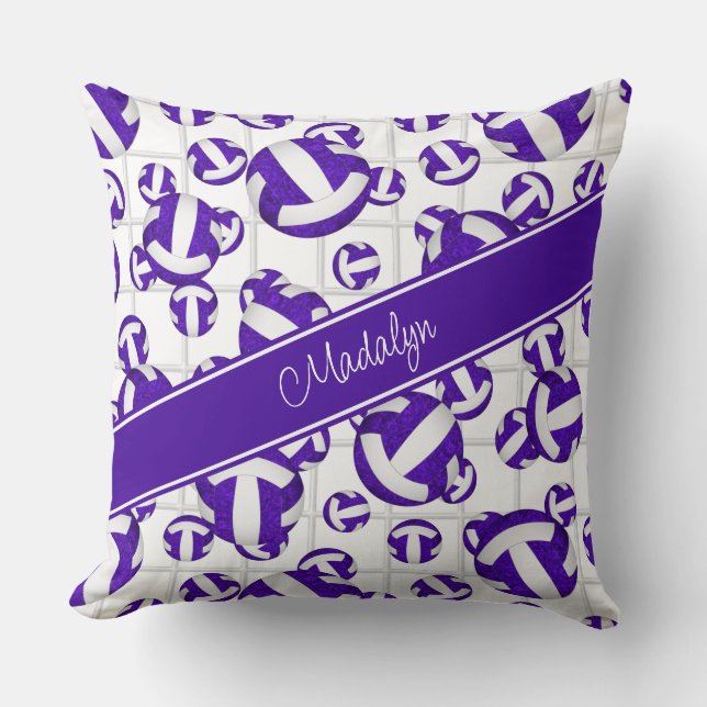 Purple white girly volleyballs pattern net accent throw pillow (Front)