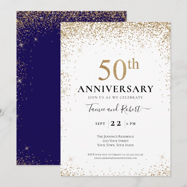 Purple White Gold 50th Wedding Anniversary  Invitation (Front/Back)