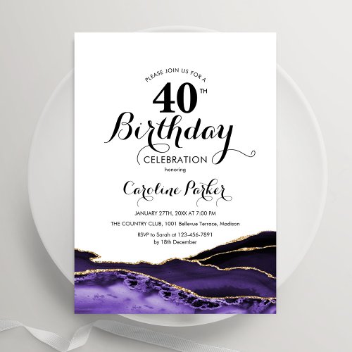 Purple White Gold Agate 40th Birthday Invitation