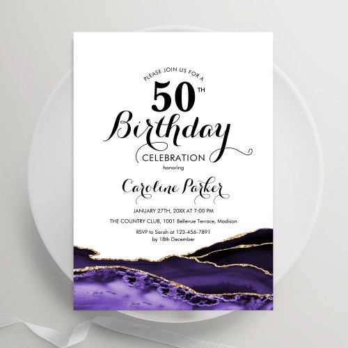 Purple White Gold Agate 50th Birthday Invitation