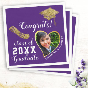 Purple White Gold Class 2026 Grad Photo Graduation Napkins